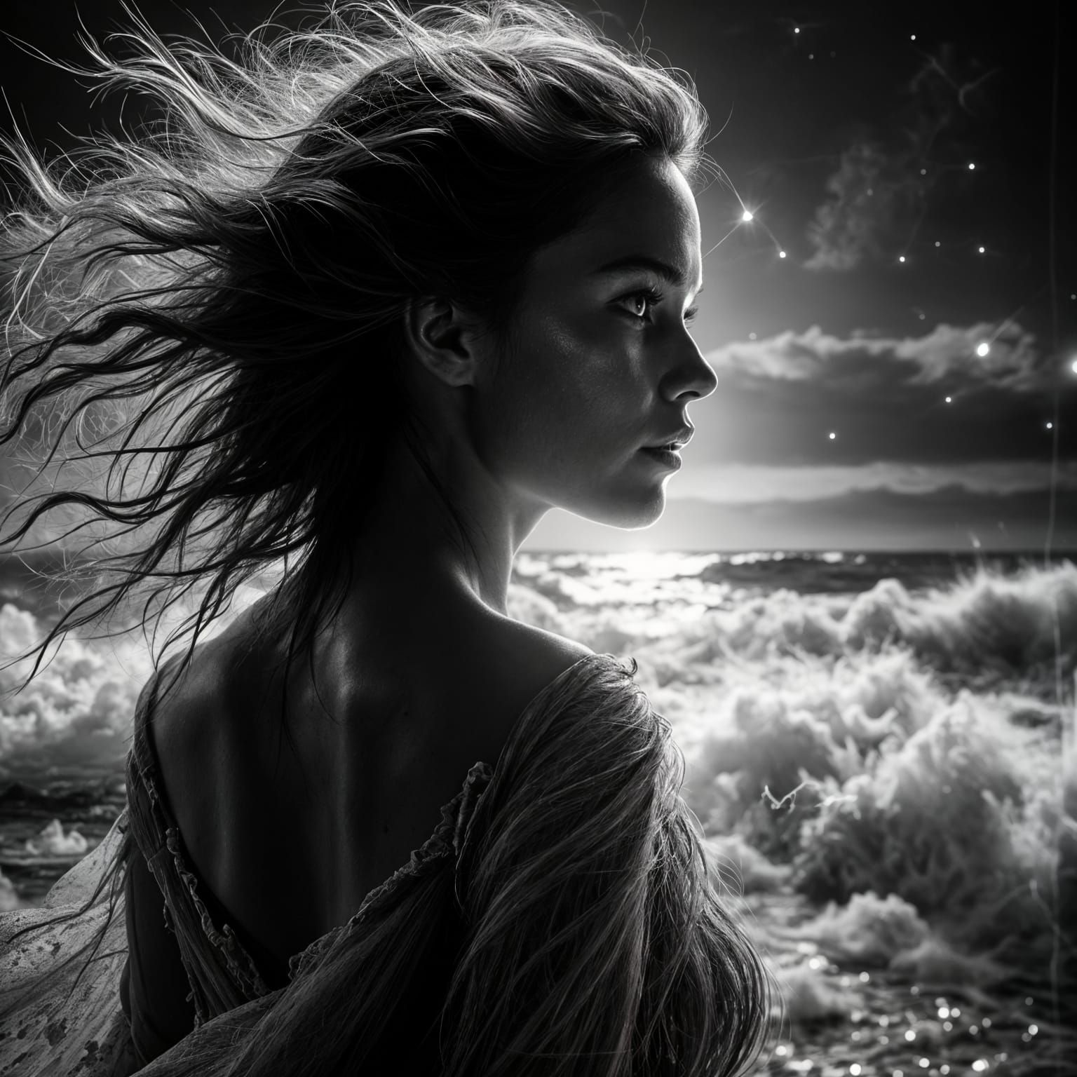 Stormy Night at the Beach in Moody Black and White