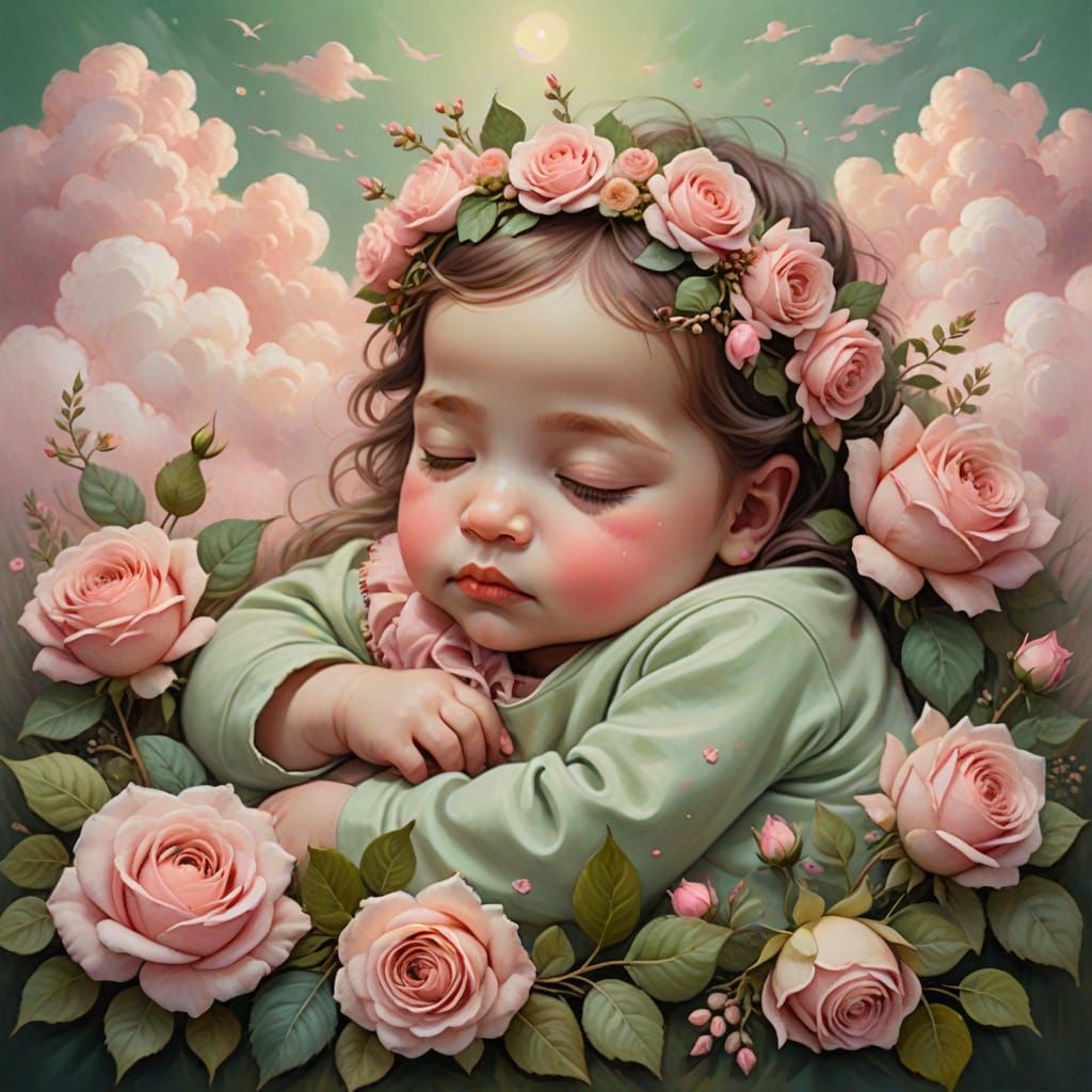 Dreamy Baby Girl in a Fantastical Oil Painting Scene