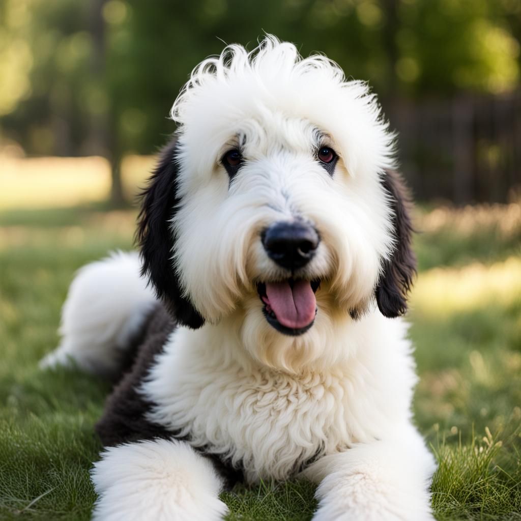 Playful Sheepadoodle Portrait: AI-Generated Canine Art