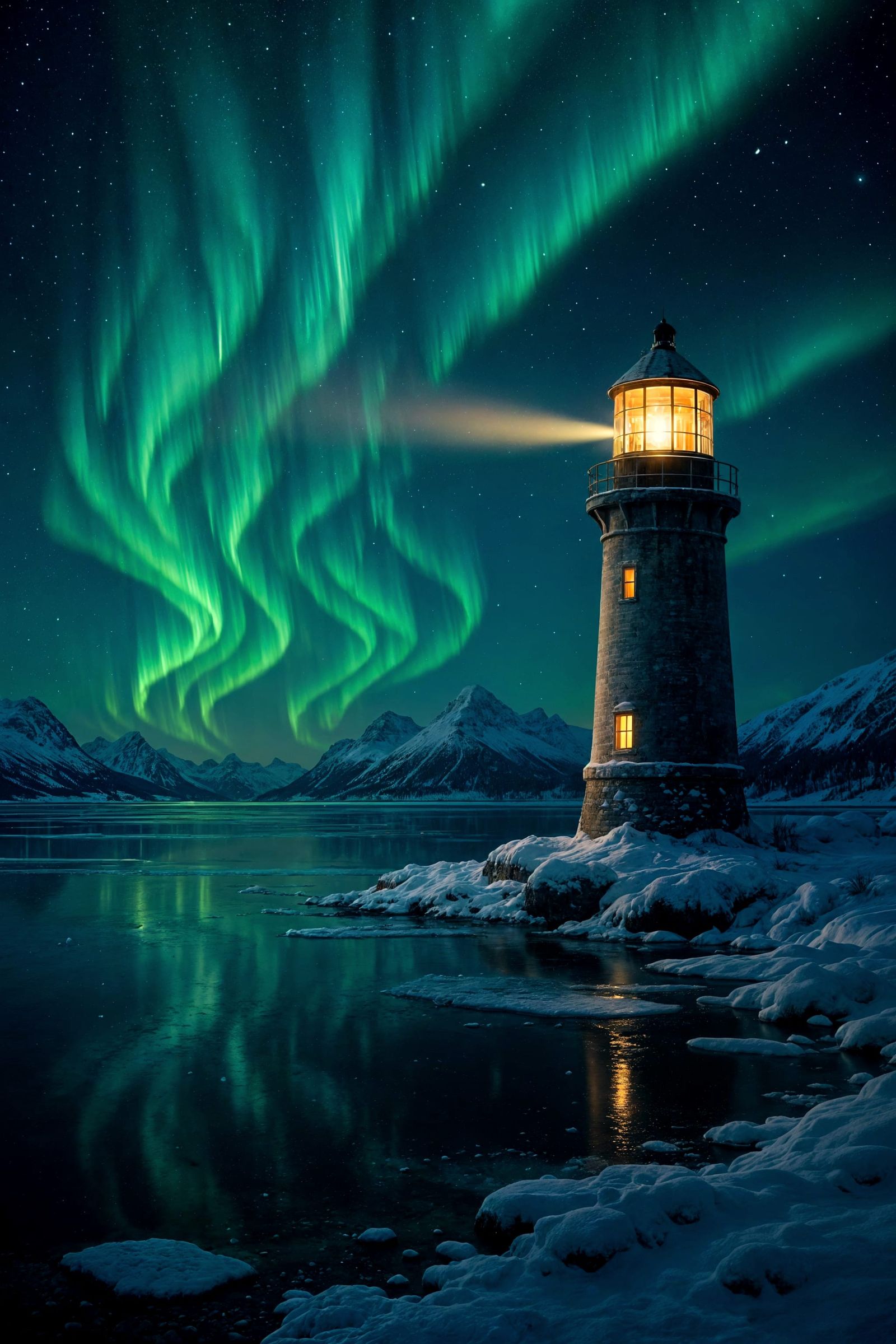 Lighthouse Under Aurora Borealis in Winter Night