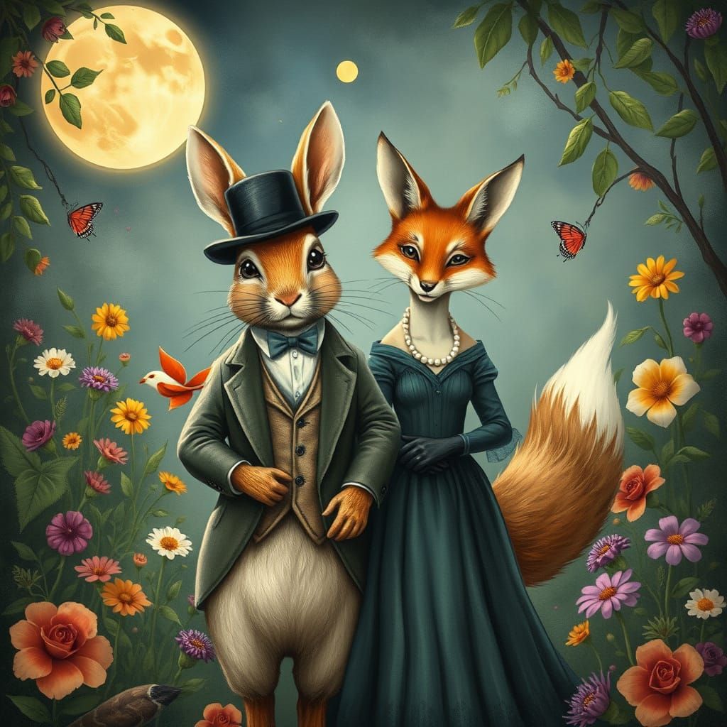 Whimsical Rabbit and Fox Couple in Moonlit Garden