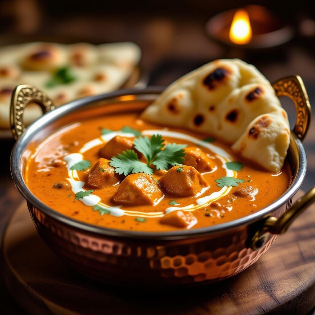 Indian Butter Chicken in Copper Bowl with Cream Swirl