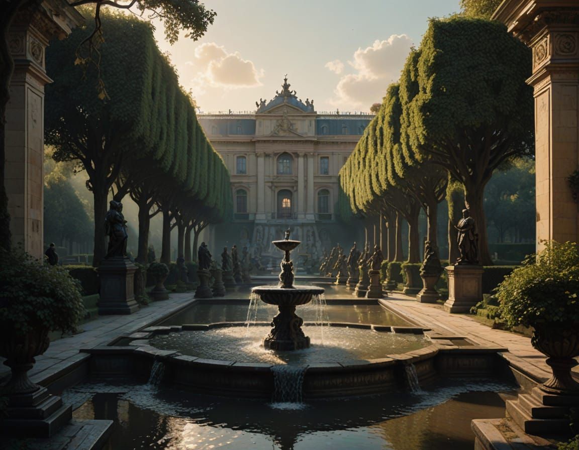 Majestic Renaissance Palace Garden at Dawn