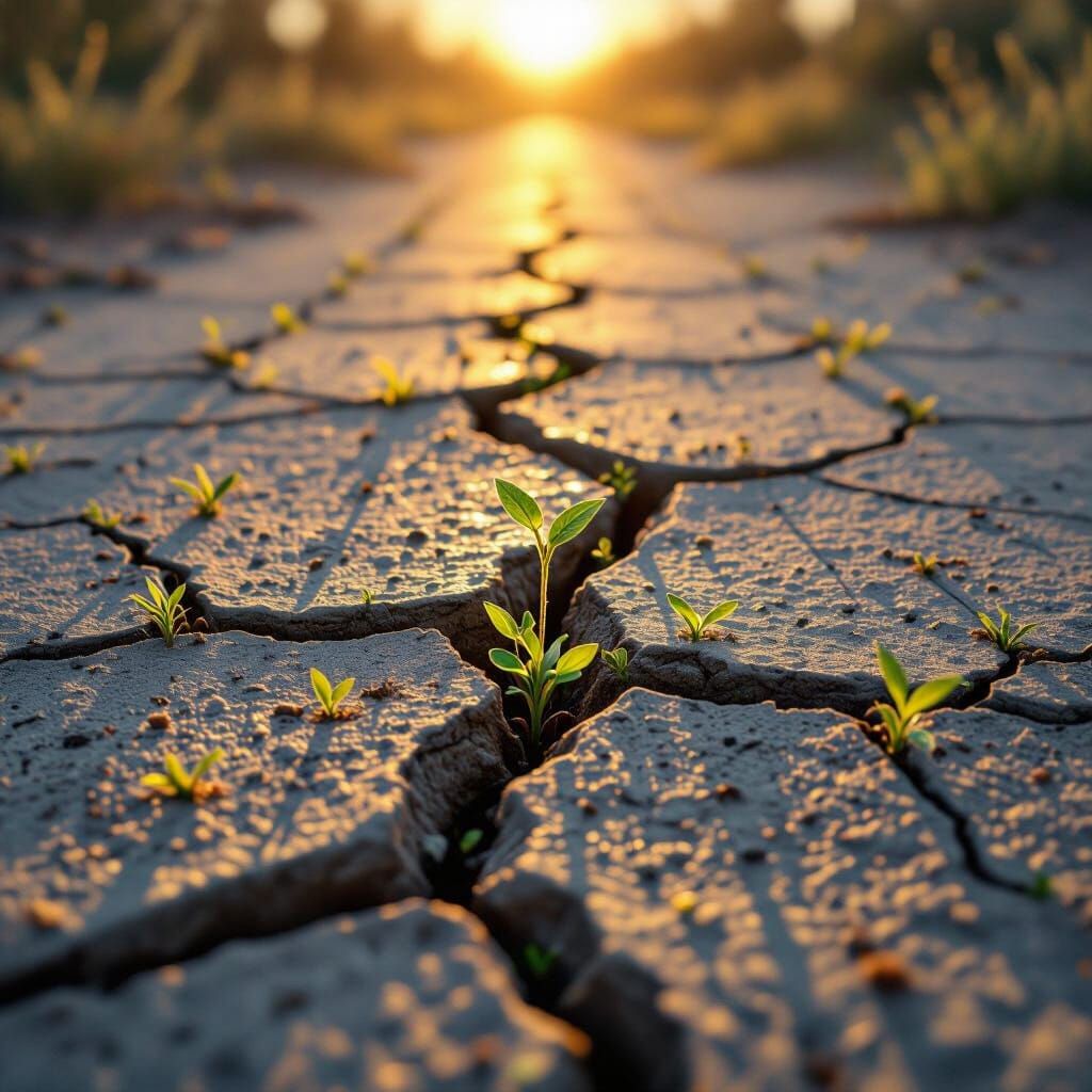 Hope and Resilience: Sprouts Emerge from Cracked Earth in Go...