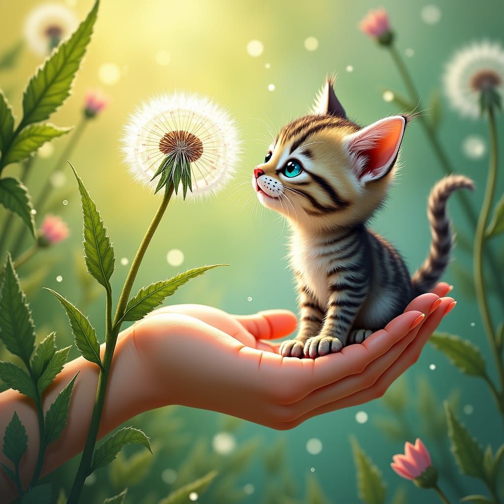 Thumb-Sized Kitten and Dandelion Seed