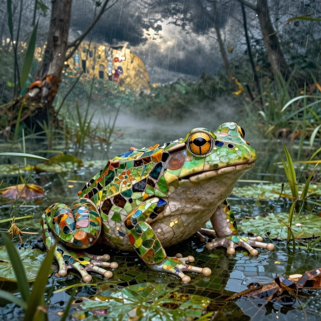 Mosaic Frog Rests in Swamp After Storm