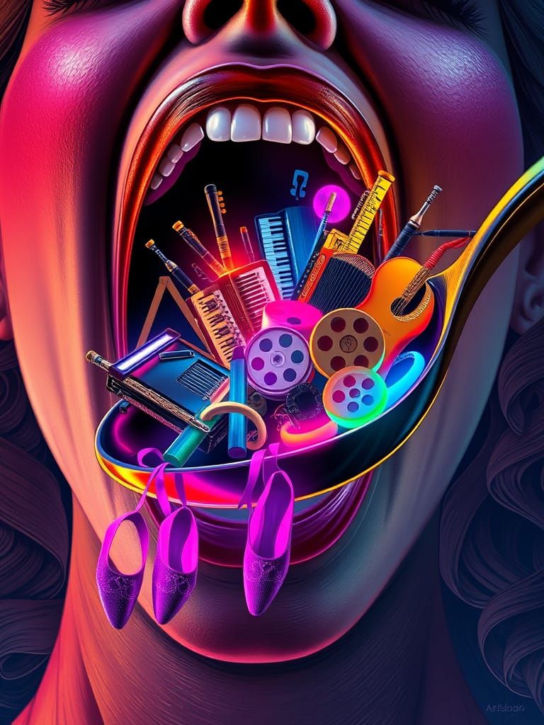 Giant Woman Devours Musical Instrument Spoon in Neon-Lit Hyp...