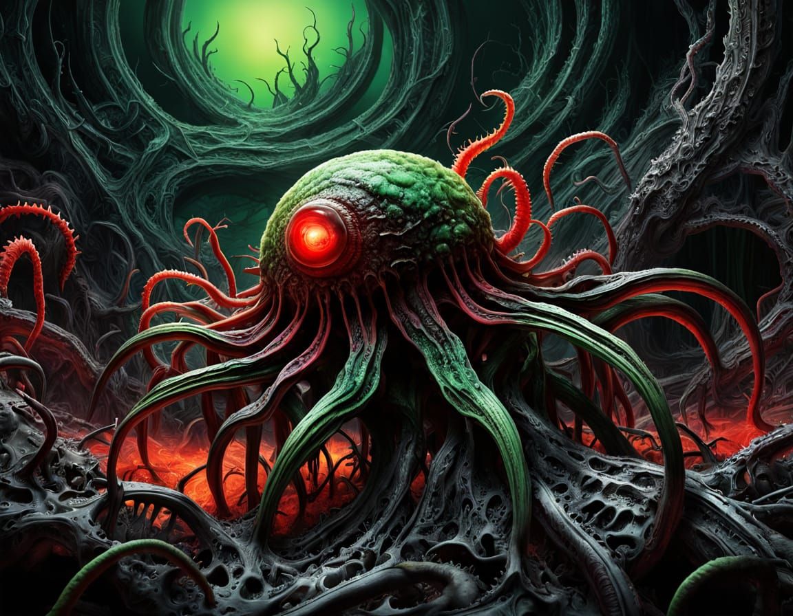 Biomechanical Horror Art: Parasitic Decay in Giger Style