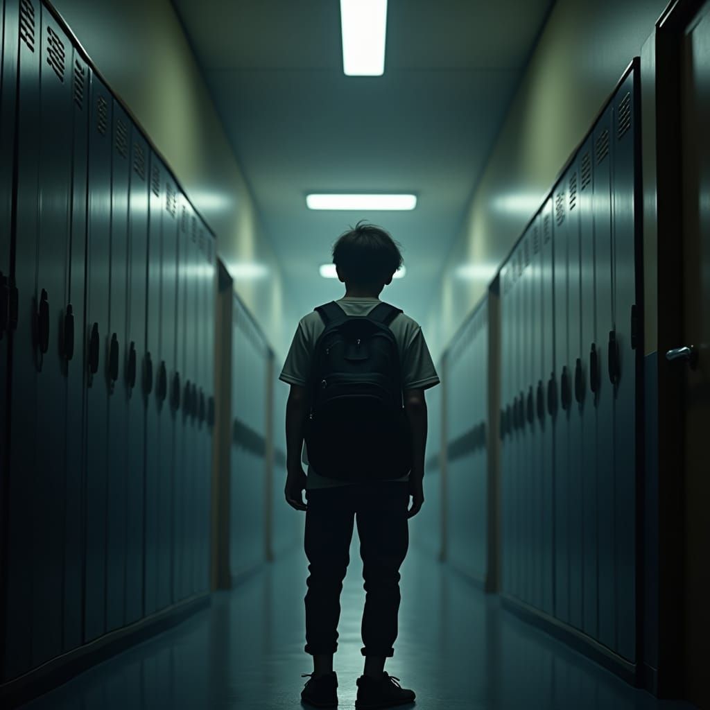Teenage Student in Atmospheric High School Hallway