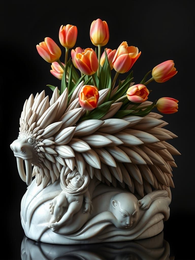 Surrealist Marble Sculpture of a Porcupine with Tulips