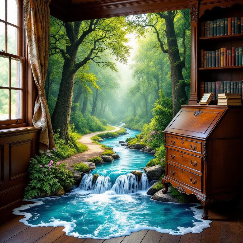 A beautiful fairytale woods with a path and a river in 3D is...