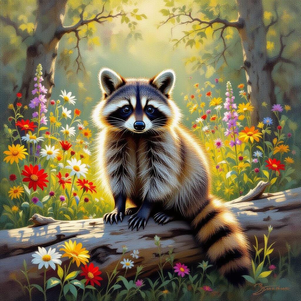 Raccoon on Log Amidst Wildflowers Oil Painting
