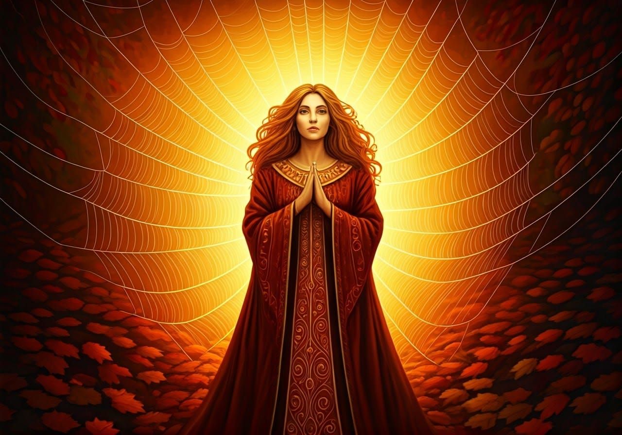 Autumn Witch Casting Spells in Art Nouveau Style