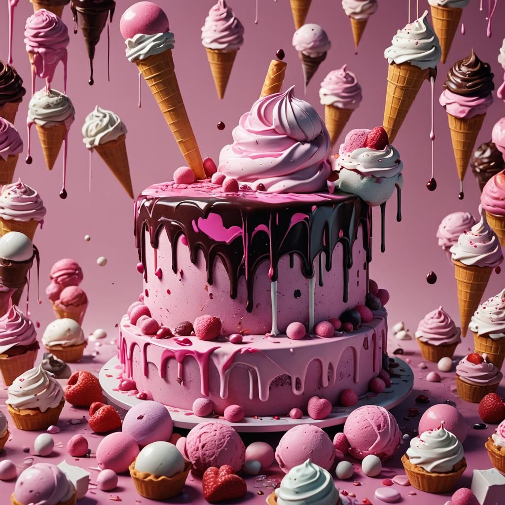 Sweet Pink Heart Ice Cream Cake: Fantasy Art
