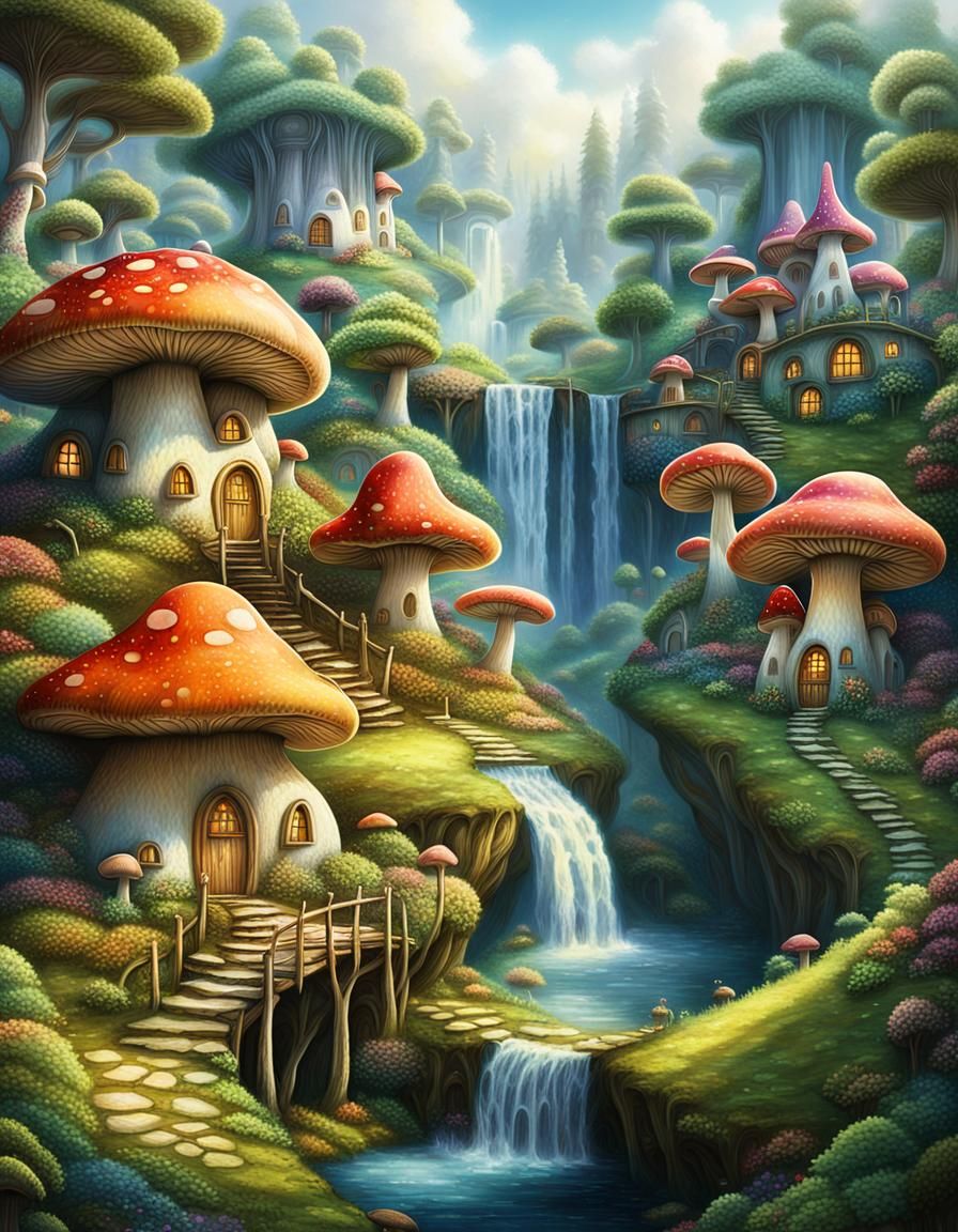 Fantasy Mushroom Village on Wooded Hillside