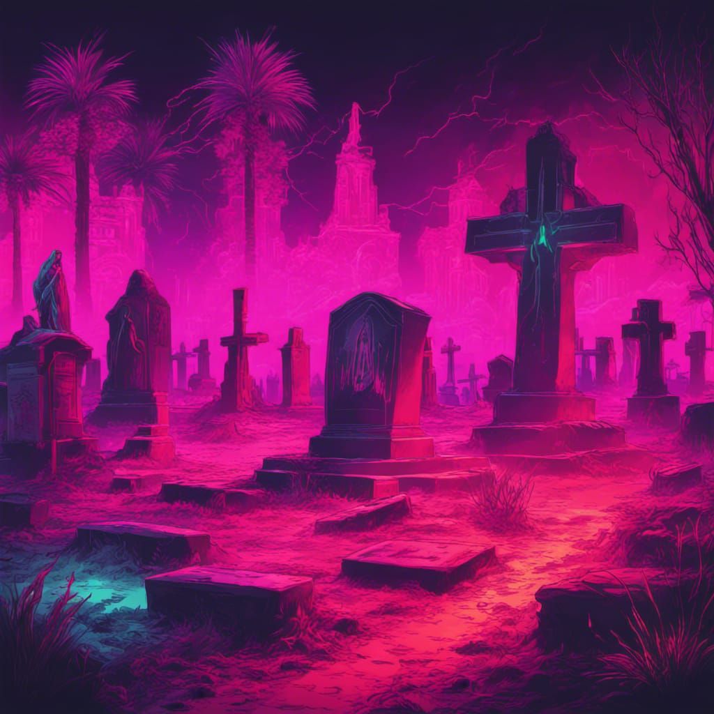 Synthwave Graveyard Fire Ritual in Neon Retro Style