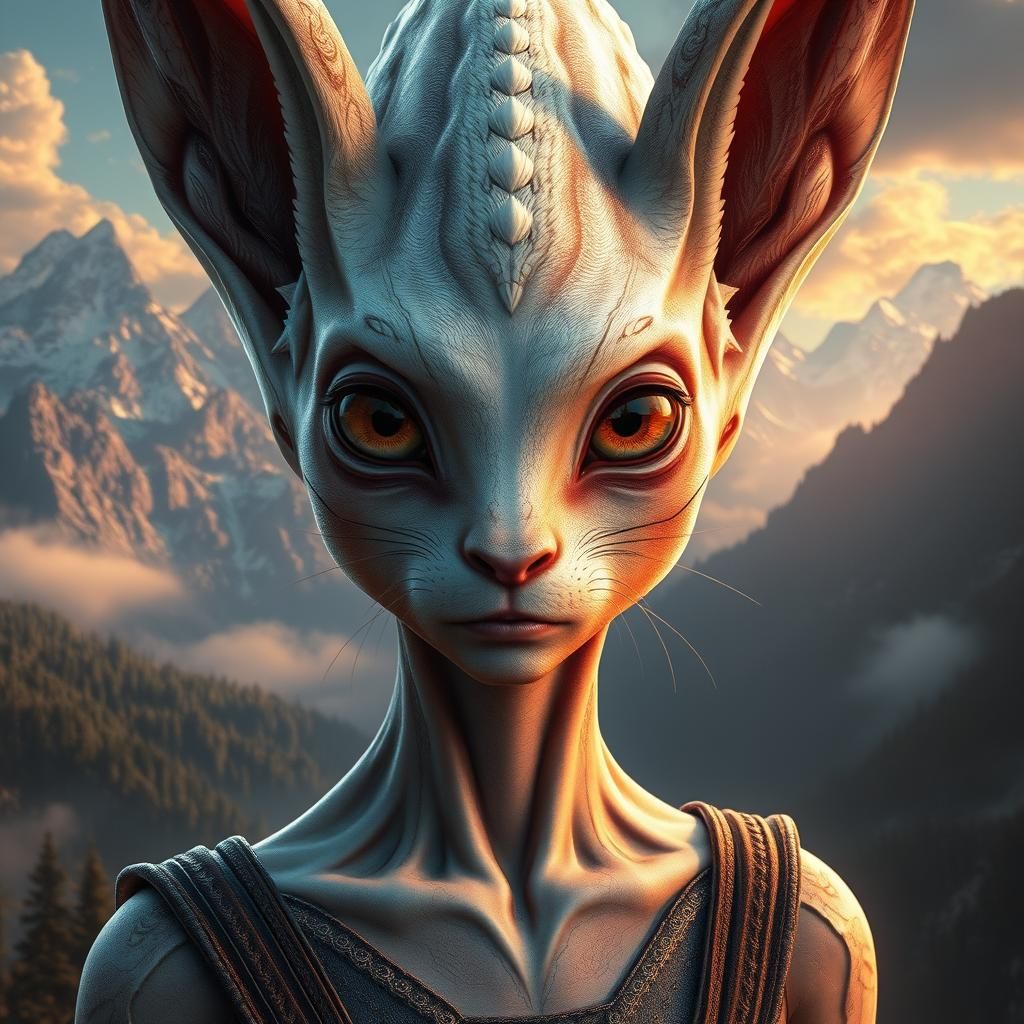 Rabbit-Faced Alien Woman in Dreamlike Landscape