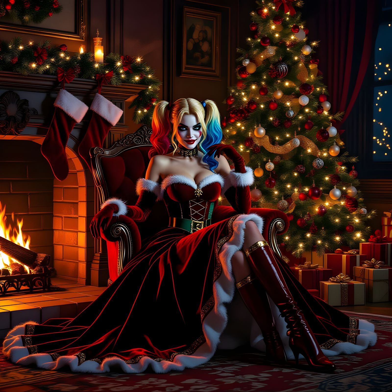 Harley Quinn in Christmas Dress by Fireplace