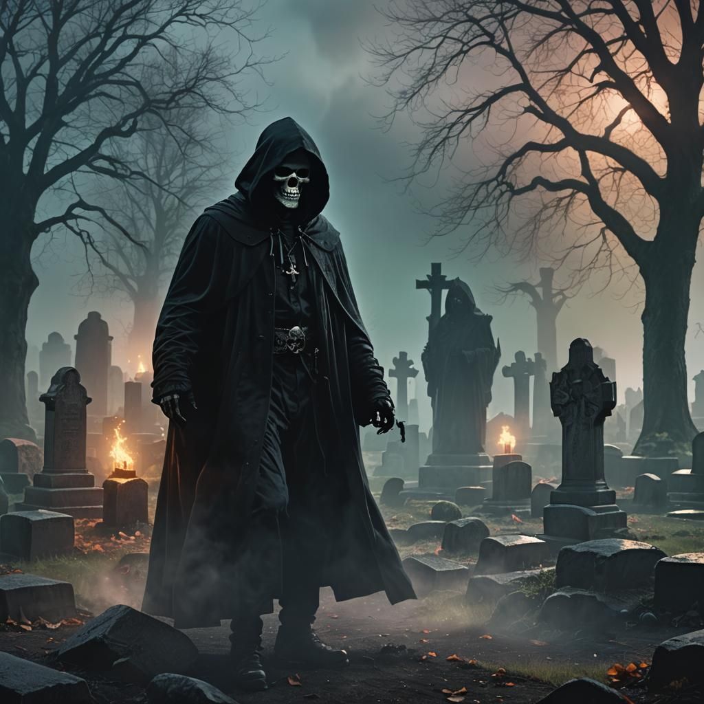 Mystical Skull-Faced Man in Cemetery, Hyperrealistic Art