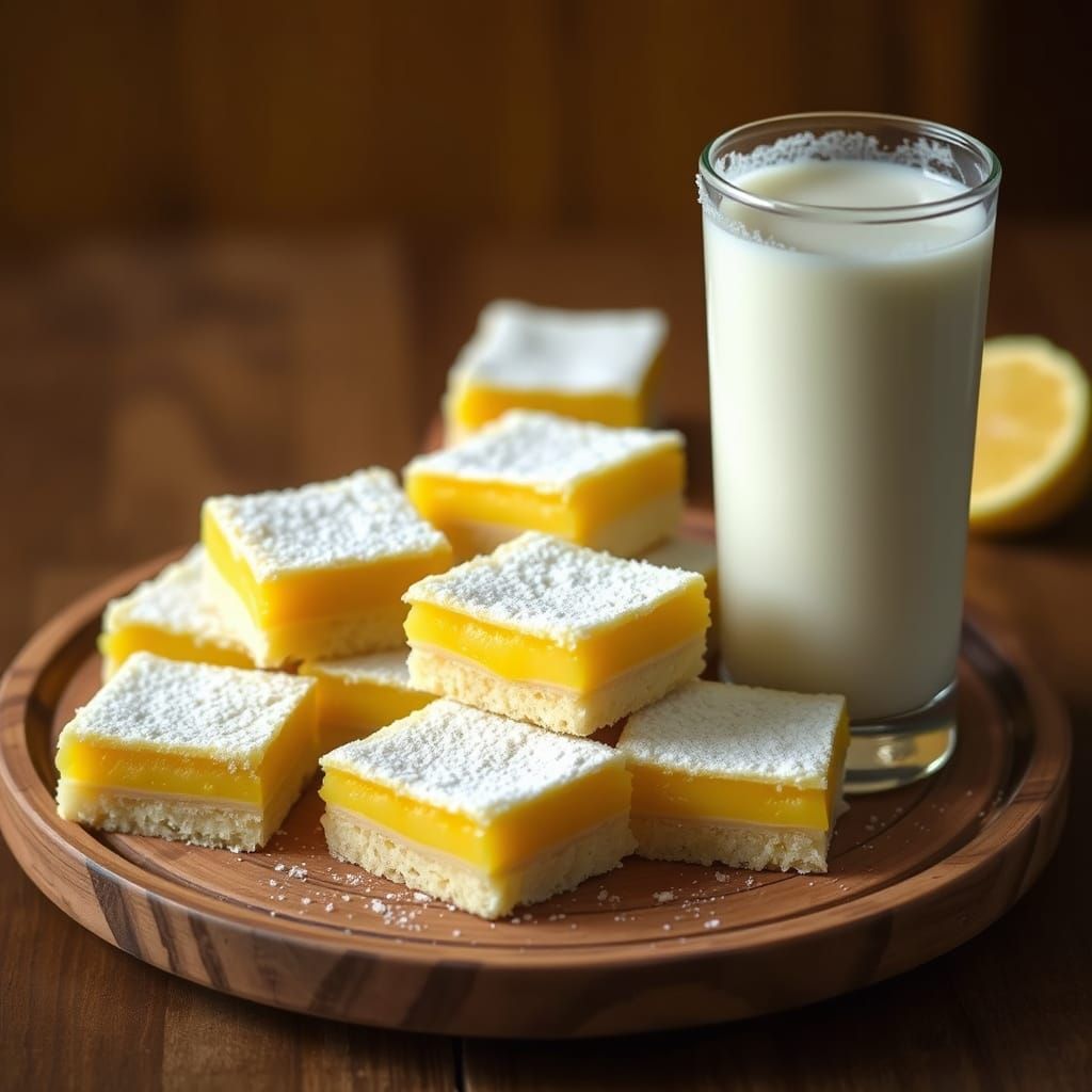 Lemon Bars with Powdered Sugar and White Milk