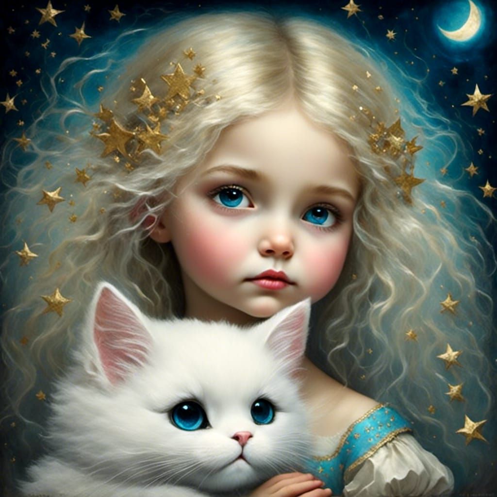 Princess with Kitten in Cosmic Dreamscape