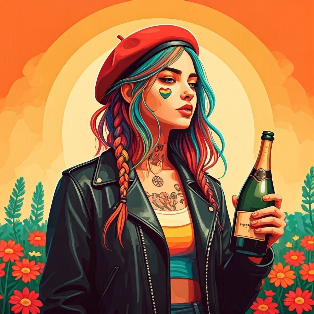 Radiant Woman in Flower Field: Pop Art Digital Portrait