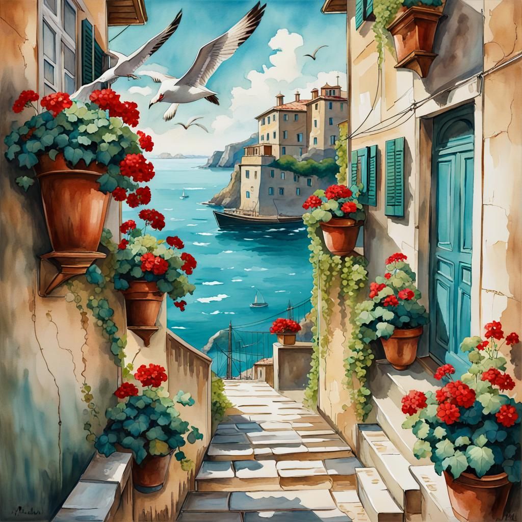 Italian Seaside Street in Realistic Watercolor