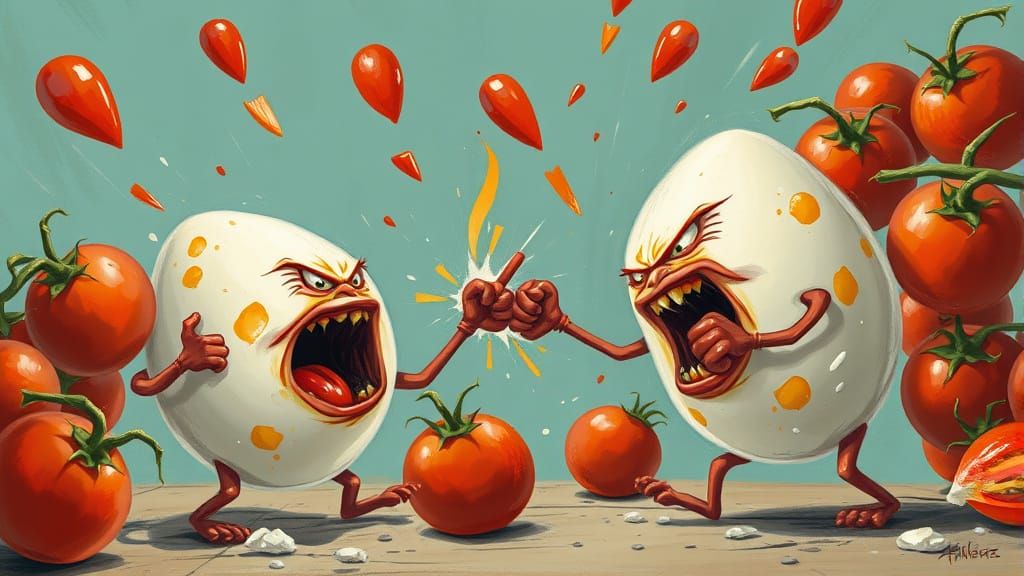 Whimsical Food Fight: Angry Eggs Boxing Tomatoes