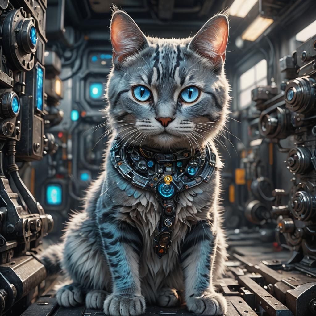 Holographic Mechanic Cat in Detailed Digital Art