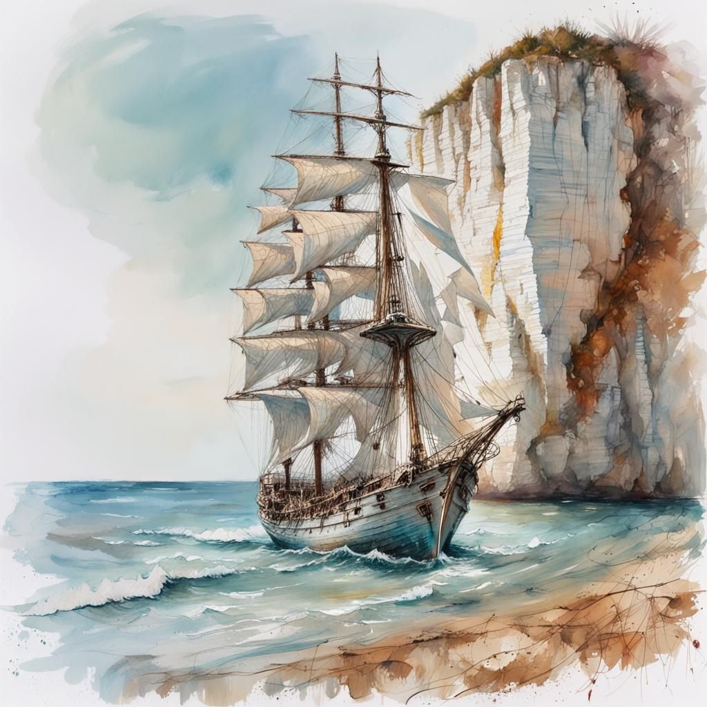 Sailing Ship at Rügen Cliffs in Watercolor Style
