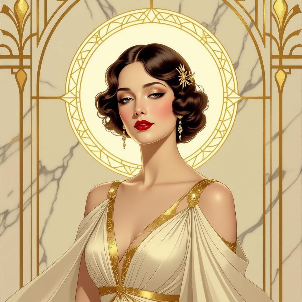 Elegant Art Deco Woman in Ivory Gown with Golden Halo