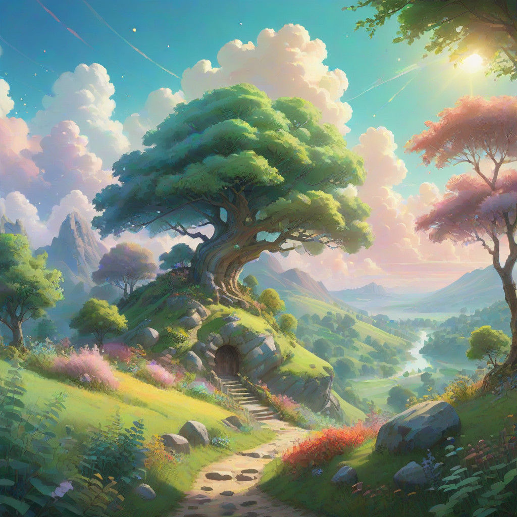 Whimsical Fantasy Landscape in Soft Watercolor Style