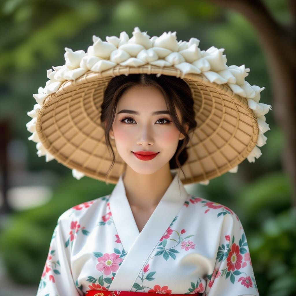 Asian Woman Wearing Noodle & Chopstick Hat
