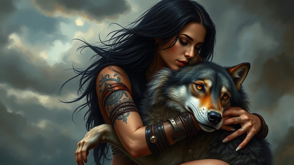 Woman Embracing a Majestic Wolf in Earthy Tones