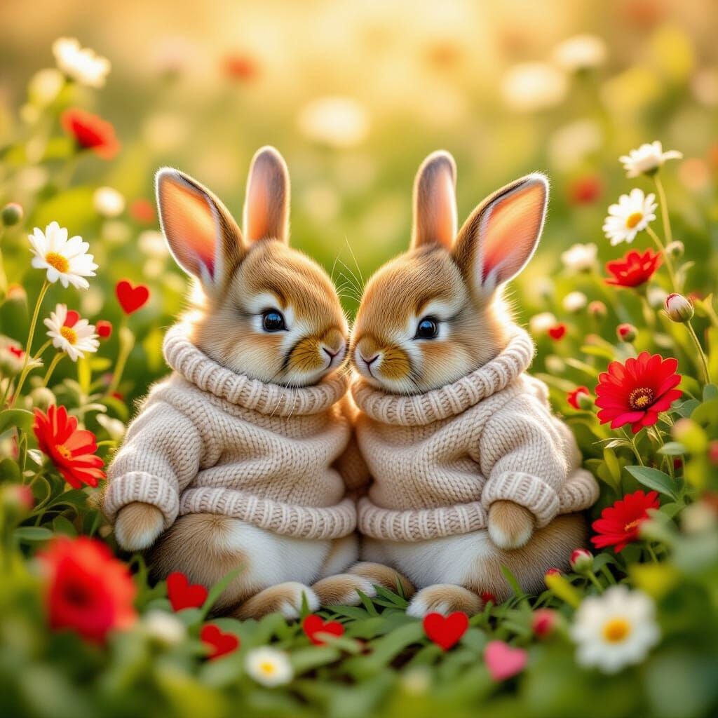 Baby Bunnies Surrounded by Hearts and Flowers