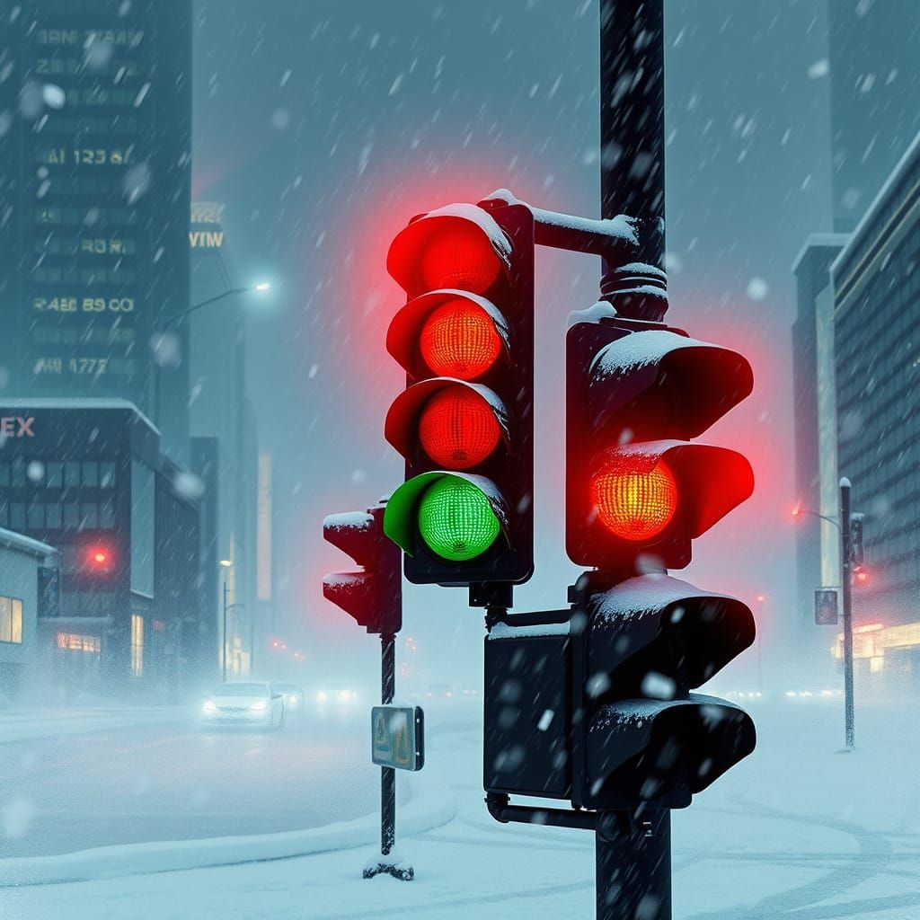 Colorful Traffic Lights Defy the Snowstorm in a Futuristic C...