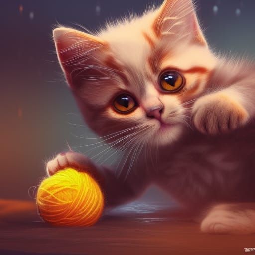 Cute Kitten Plays With Yarn: Detailed Digital Art