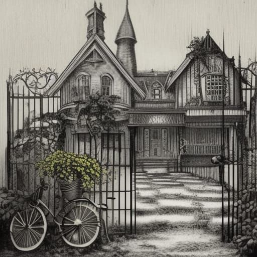 Victorian Haunted House with Vintage Bicycle