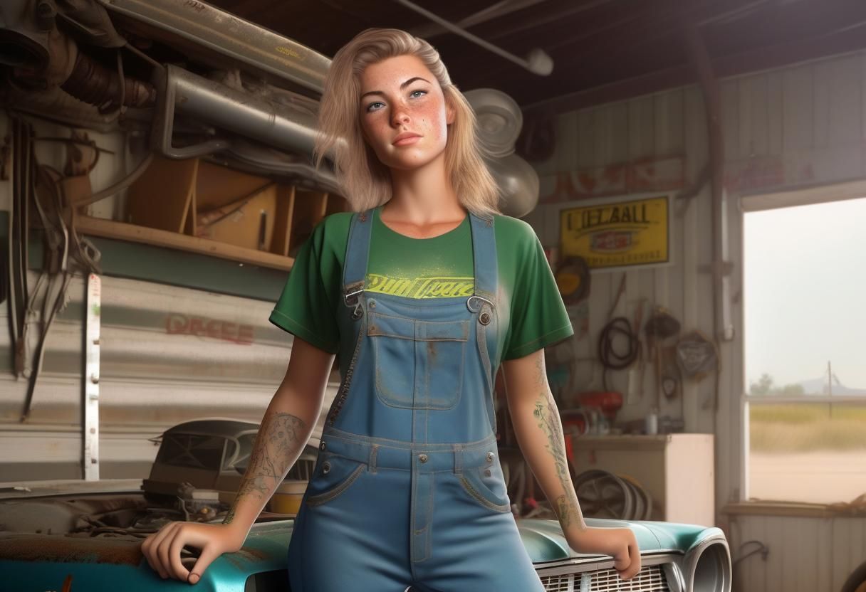Tom boy surfer girl mechanic, in a garage with vintage Dodge Charger, grease-stained, overall unzipped ,satisfied smirk,...
