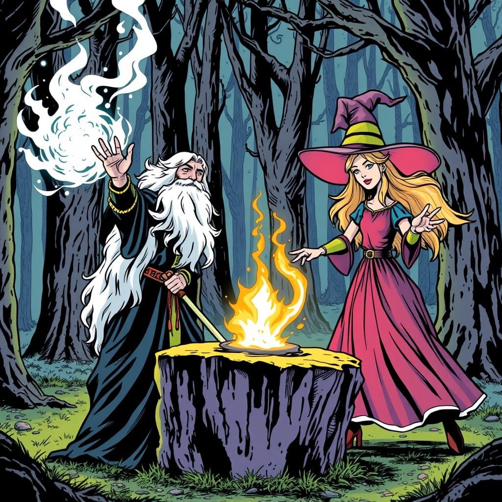 Gandalf the White in a magic duel against Sabrina the Teenage Witch in an eldritch forest. Archie Comics style.