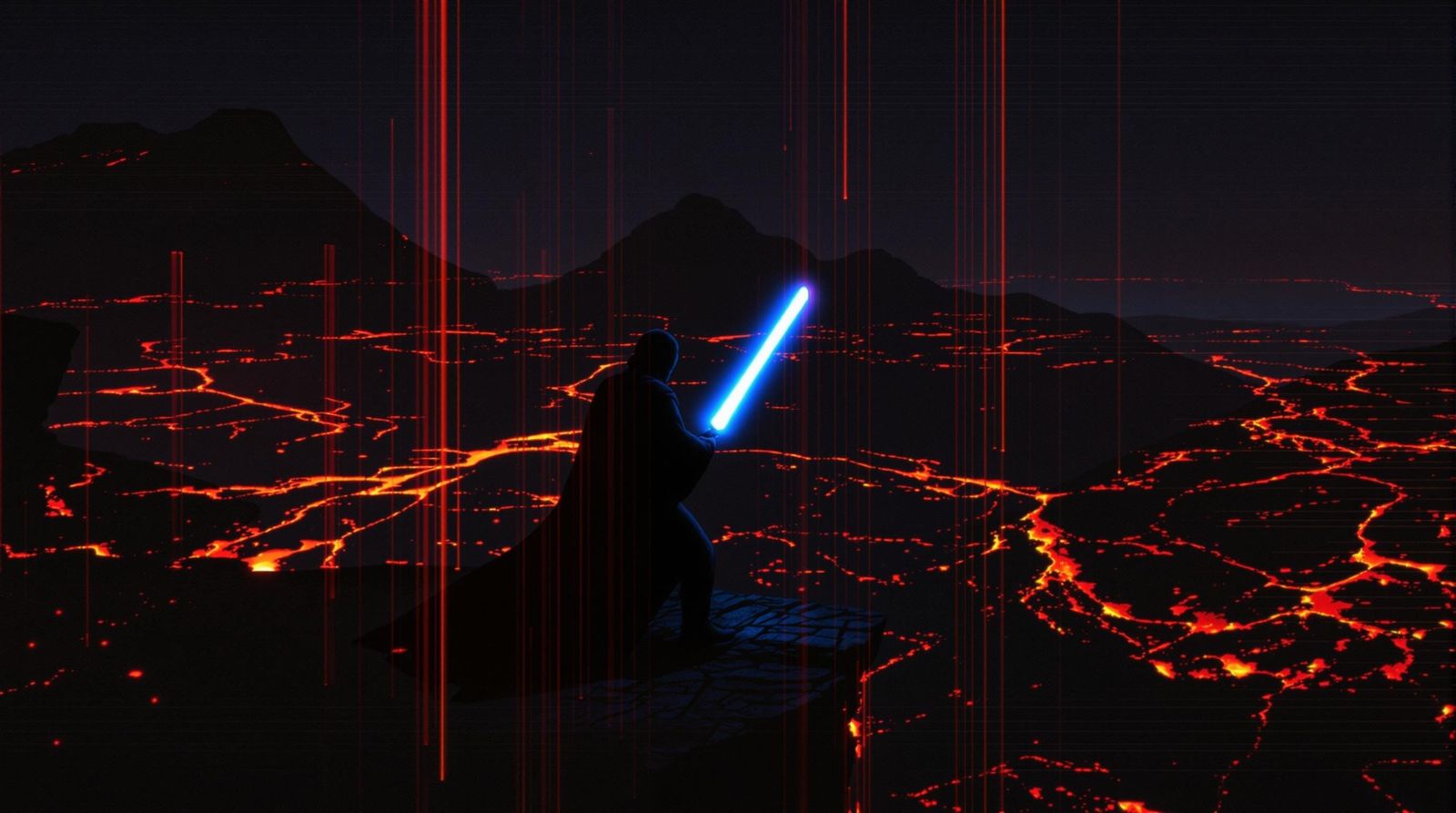 Glitched Mustafar Duel in Neon Hues