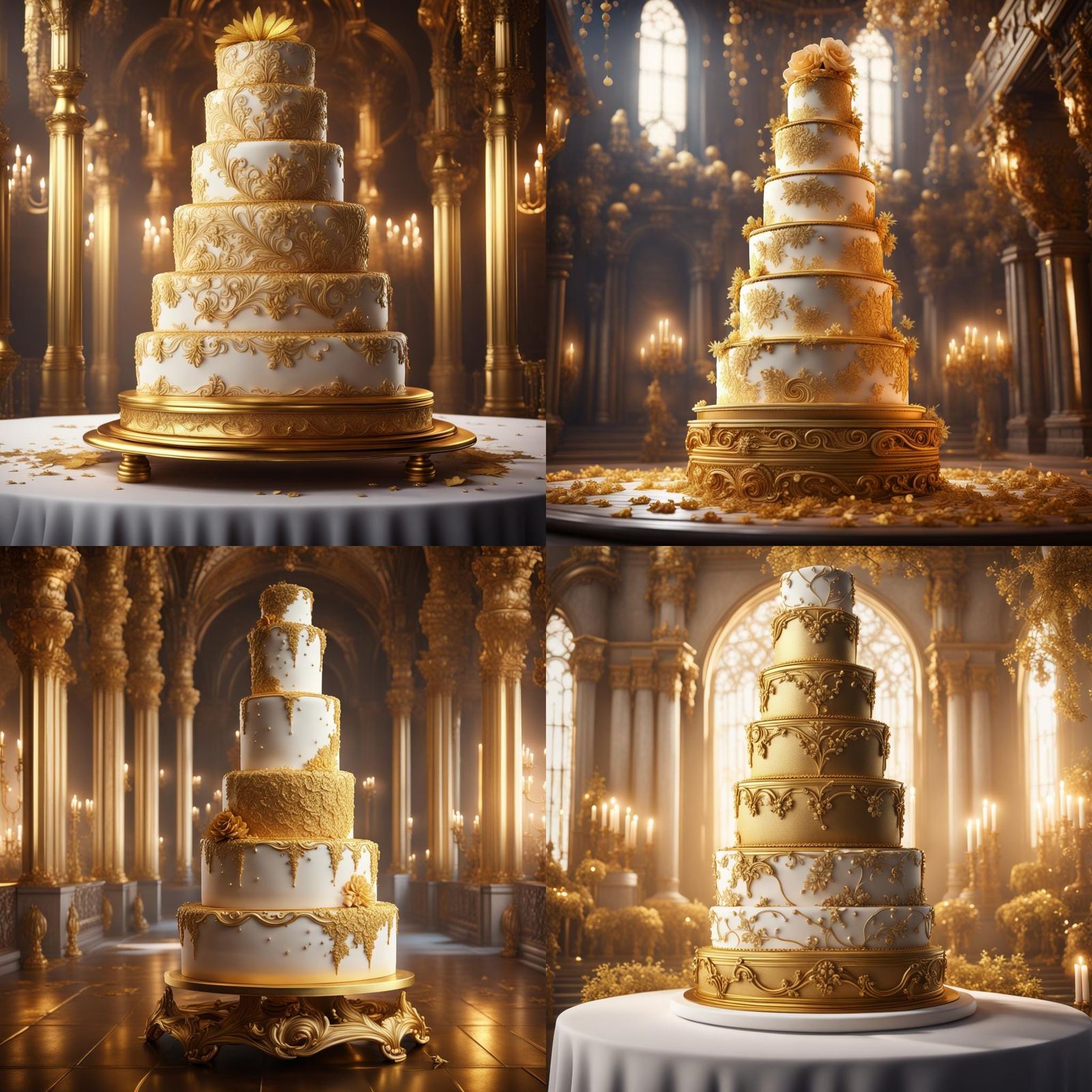 Elaborate Golden Wedding Cake with White Icing