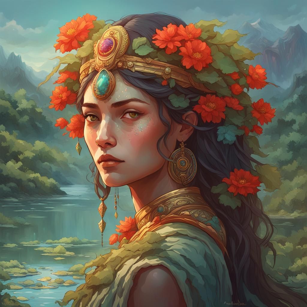 Woman with Wildflowers Watched by Naga King