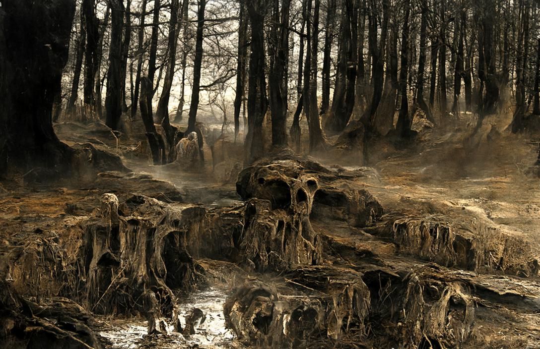 Eerie Forest Landscape with Skeletal Trees in Matte Painting