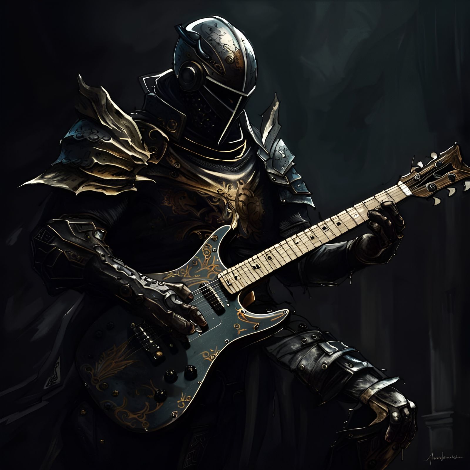 Dark Fantasy Paladin Plays Guitar: Hyperrealistic Gothic Art