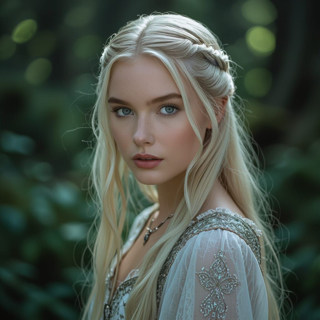 Mystical Woman at Forest Edge in Cinematic Style