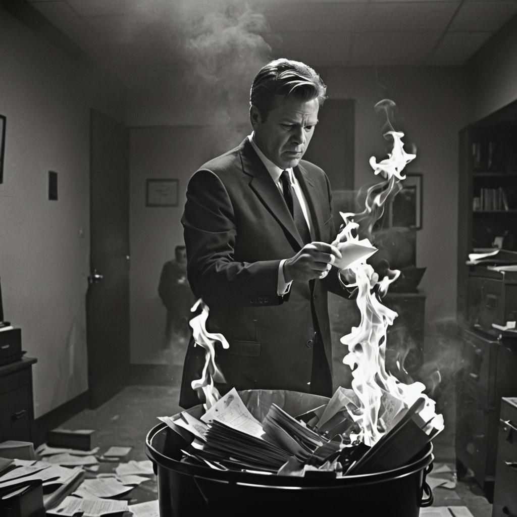 FBI Director Under Ominous Spotlight in Dark Film Noir Scene