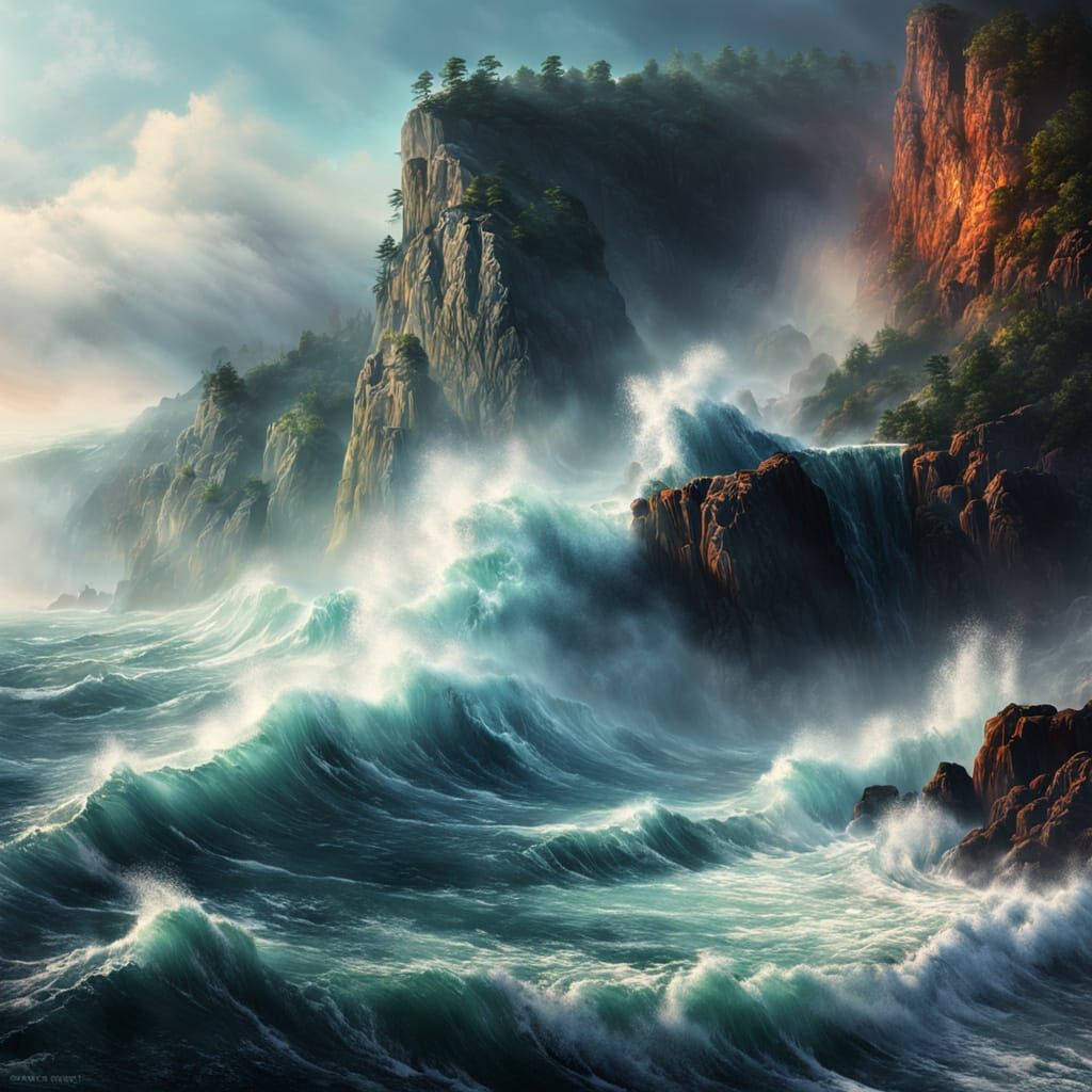 Hyperrealistic Misty Seascape with Dramatic Lighting