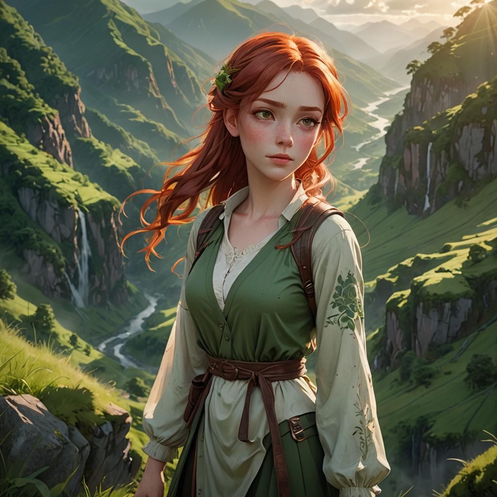 Anime Girl with Red Hair in Green Mountains