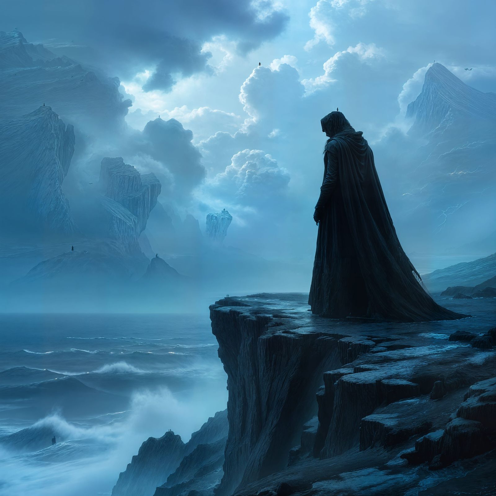 Melancholic Figure on Windswept Cliff Overlooking Stormy Sea